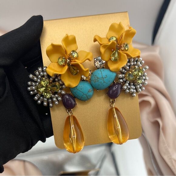 Vibrant Statement Floral Yellow Drop Earrings with Beaded Details - Picture 5 of 8